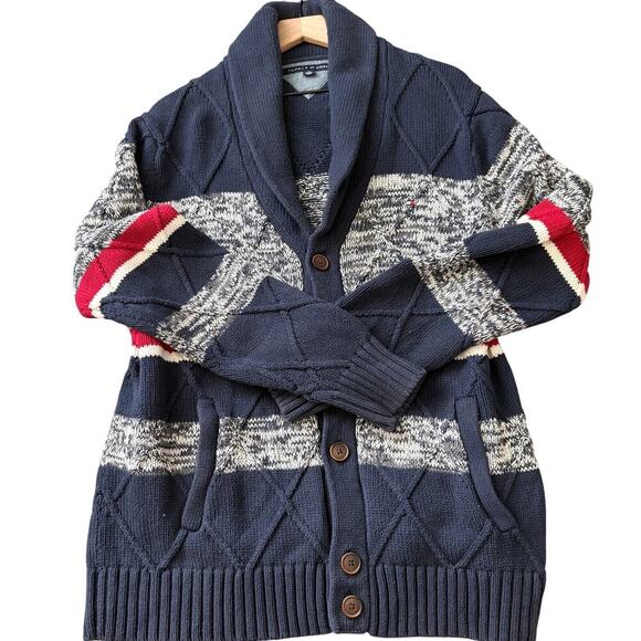 Tommy Hilfiger DarkAcademia Preppy Y2K Cardigan Navy Red Marled Knit Sweater XL - Picture 10 of 12